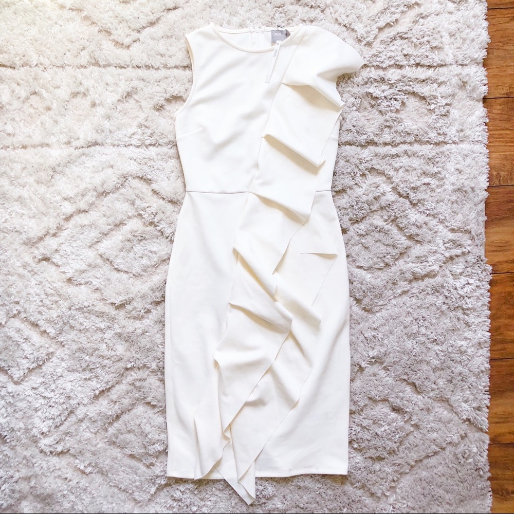NWT ASOS Beige Ruffle Midi Fitted Dress Women